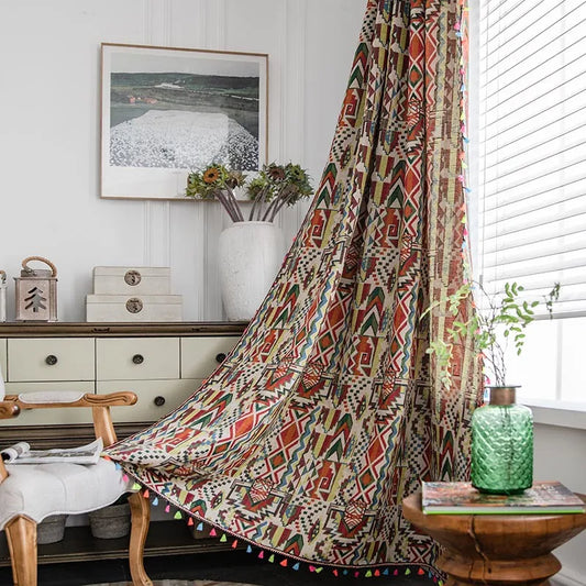 Bohemian Geometric Yarn-Dyed Jacquard Curtain with Tassels, Farmhouse Window Drapes for Bedroom, Living Room Decor, TJ7723